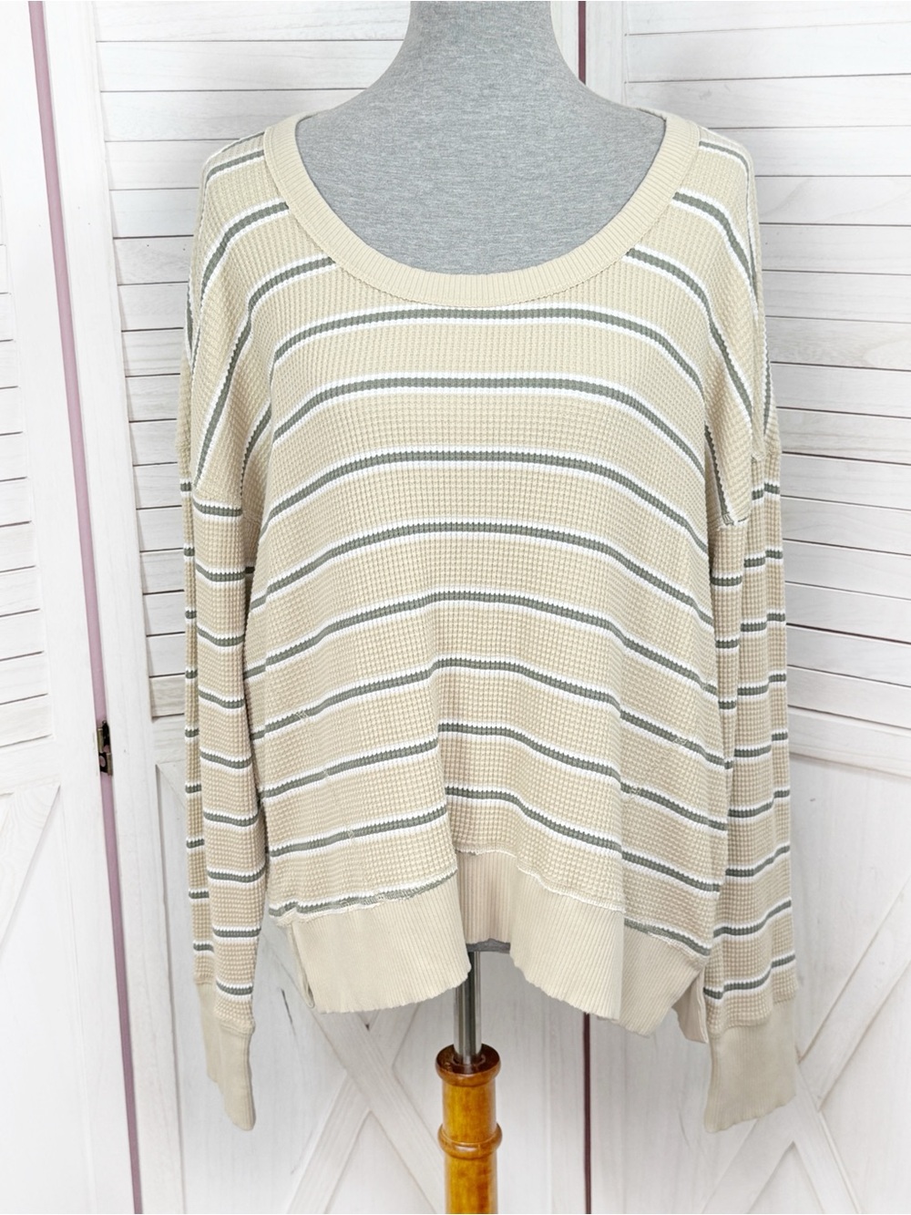 Aerie WOW Striped Cotton Waffle Oversized Slouchy Tee Shirt Tan Green Medium